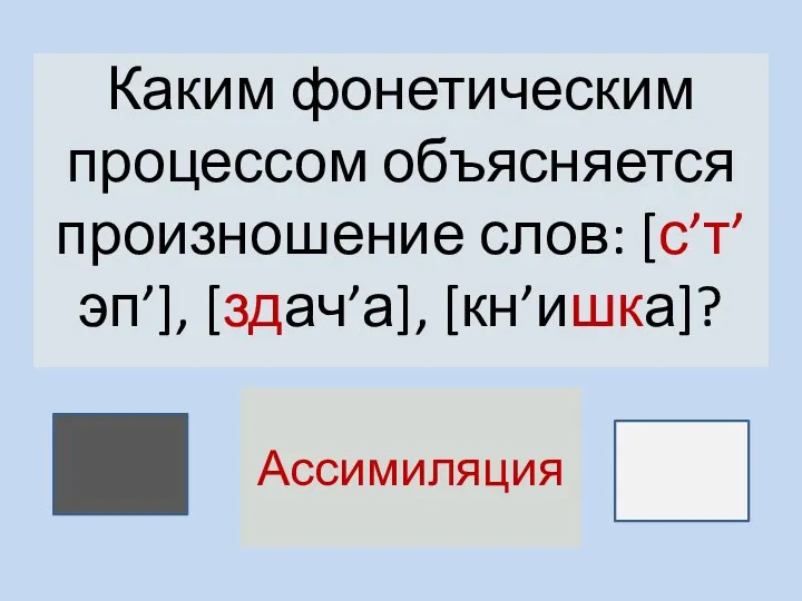 Каким фонетическим процессом объясняется произношение слов: [с’т’эп’], [здач’а], [кн’ишка]? Ассимиляция