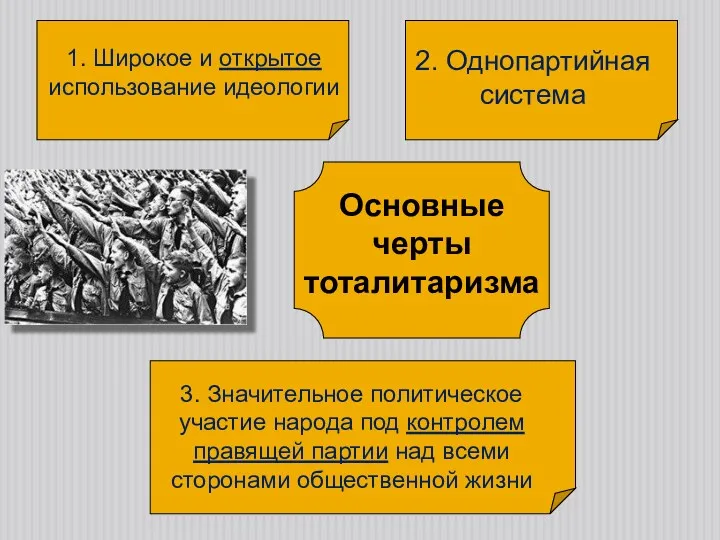 Основные черты тоталитаризма 1. Широкое и открытое использование идеологии 2.