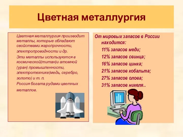 Цветная металлургия Цветная металлургия производит металлы, которые обладают свойствами жаропрочности,