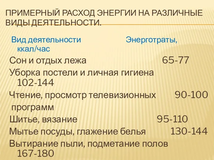 ПРИМЕРНЫЙ РАСХОД ЭНЕРГИИ НА РАЗЛИЧНЫЕ ВИДЫ ДЕЯТЕЛЬНОСТИ. Вид деятельности Энерготраты,