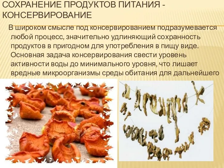 СОХРАНЕНИЕ ПРОДУКТОВ ПИТАНИЯ - КОНСЕРВИРОВАНИЕ В широком смысле под консервированием