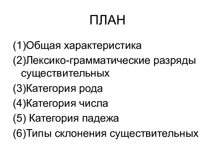 ПЛАН (1)Общая характеристика (2)Лексико-грамматические разряды существительных (3)Категория рода (4)Категория числа (5) Категория падежа (6)Типы склонения существительных