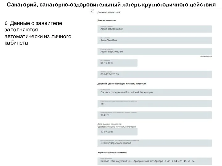 6. Данные о заявителе заполняются автоматически из личного кабинета Санаторий, санаторно-оздоровительный лагерь круглогодичного действия