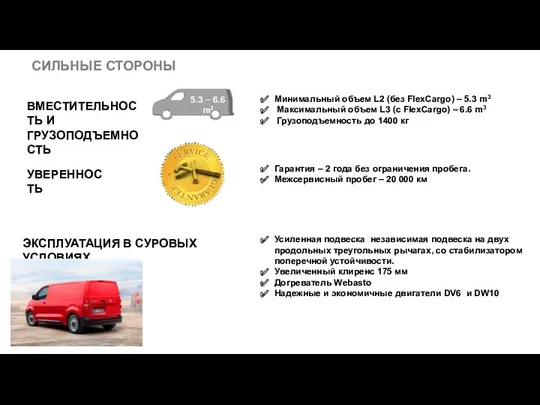 ВМЕСТИТЕЛЬНОСТЬ И ГРУЗОПОДЪЕМНОСТЬ Минимальный объем L2 (без FlexCargo) – 5.3