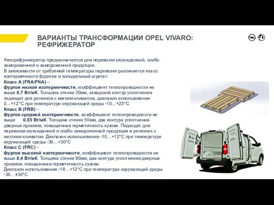 ВАРИАНТЫ ТРАНСФОРМАЦИИ OPEL VIVARO: РЕФРИЖЕРАТОР Авторефрижератор предназначается для перевозки охлажденной,