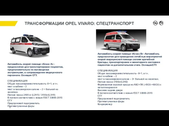 ТРАНСФОРМАЦИИ OPEL VIVARO: СПЕЦТРАНСПОРТ Автомобиль скорой помощи «Класс А» -предназначен