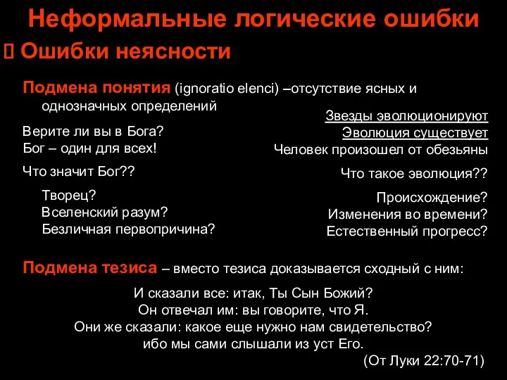 Неформальные логические ошибки Ошибки неясности Подмена понятия (ignoratio elenci) –отсутствие