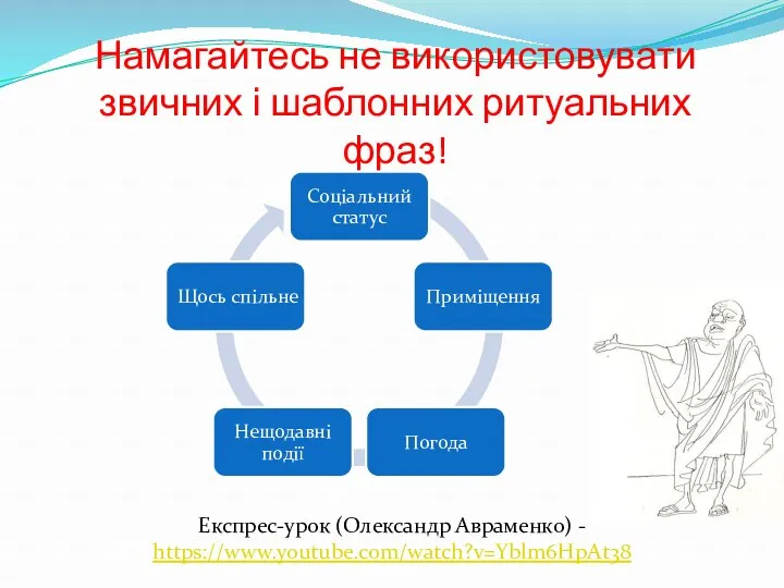 Намагайтесь не використовувати звичних і шаблонних ритуальних фраз! Експрес-урок (Олександр Авраменко) - https://www.youtube.com/watch?v=Yblm6HpAt38