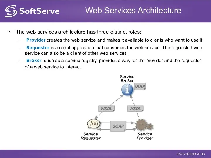 Web Services Architecture The web services architecture has three distinct