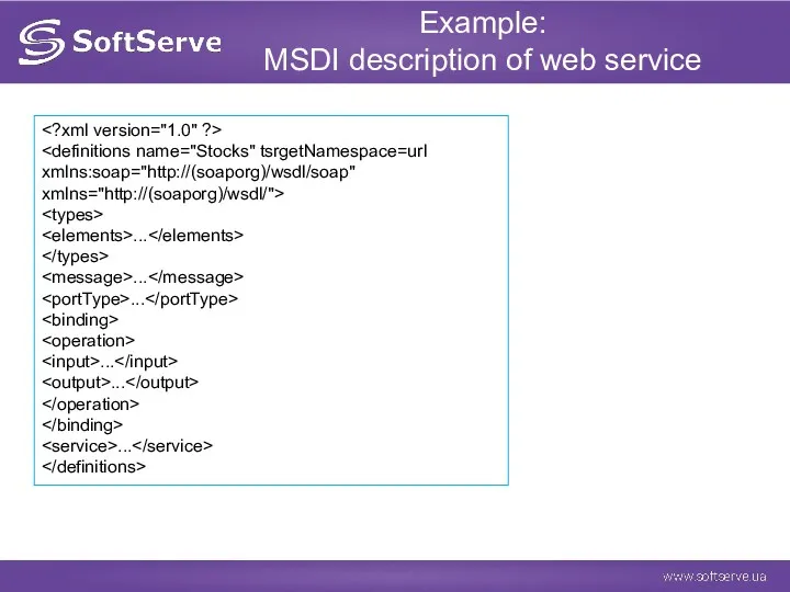 Example: MSDI description of web service xmlns:soap="http://(soaporg)/wsdl/soap" xmlns="http://(soaporg)/wsdl/"> ... ... ... ... ... ...
