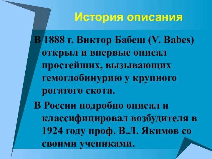 История описания В 1888 г. Виктор Бабеш (V. Babes) открыл и впервые описал