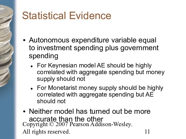 Copyright © 2007 Pearson Addison-Wesley. All rights reserved. Statistical Evidence Autonomous expenditure variable
