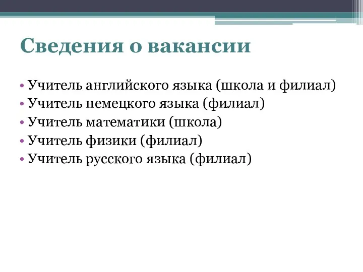 Сведения о вакансии Учитель английского языка (школа и филиал) Учитель