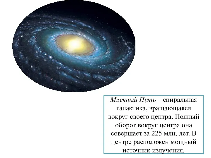 Млечный Путь – спиральная галактика, вращающаяся вокруг своего центра. Полный