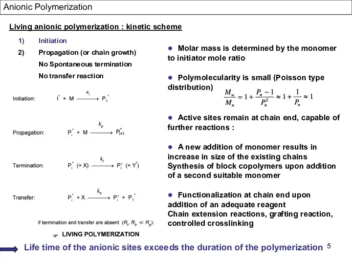 Living anionic polymerization : kinetic scheme Initiation Propagation (or chain