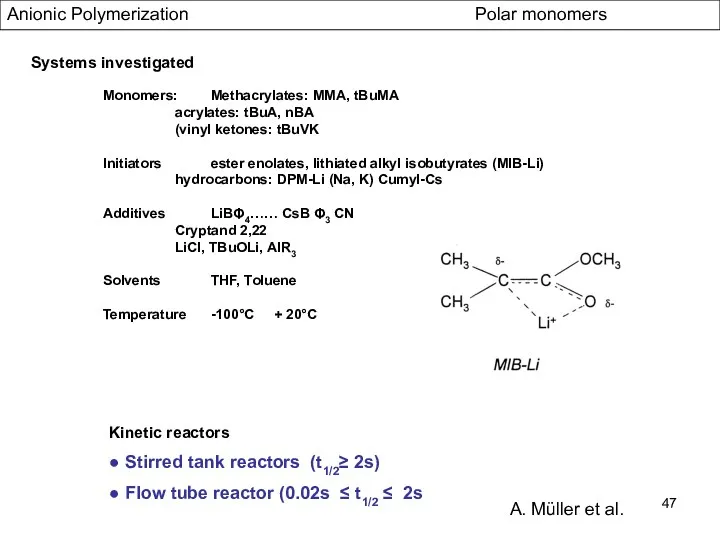 Anionic Polymerization Polar monomers Systems investigated Monomers: Methacrylates: MMA, tBuMA