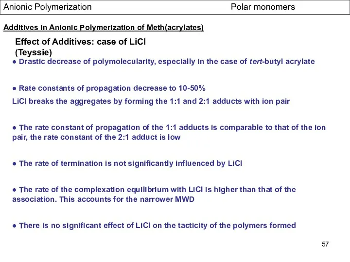 Anionic Polymerization Polar monomers Effect of Additives: case of LiCl