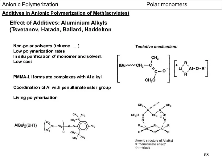 Anionic Polymerization Polar monomers Effect of Additives: Aluminium Alkyls (Tsvetanov,