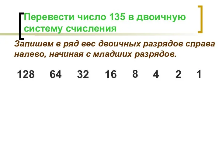Запишем в ряд вес двоичных разрядов справа налево, начиная с
