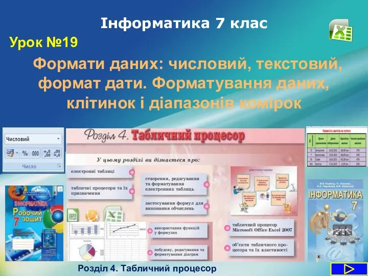 Інформатика 7 клас Урок №19 Розділ 4. Табличний процесор Формати