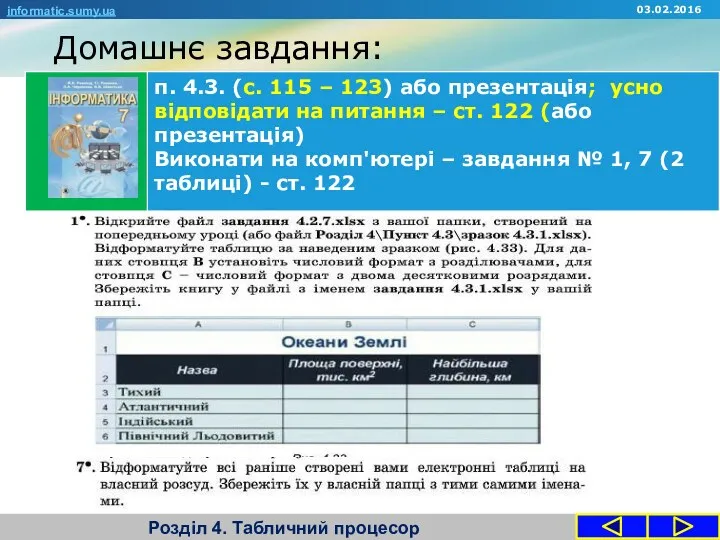 Домашнє завдання: Розділ 4. Табличний процесор informatic.sumy.ua 03.02.2016