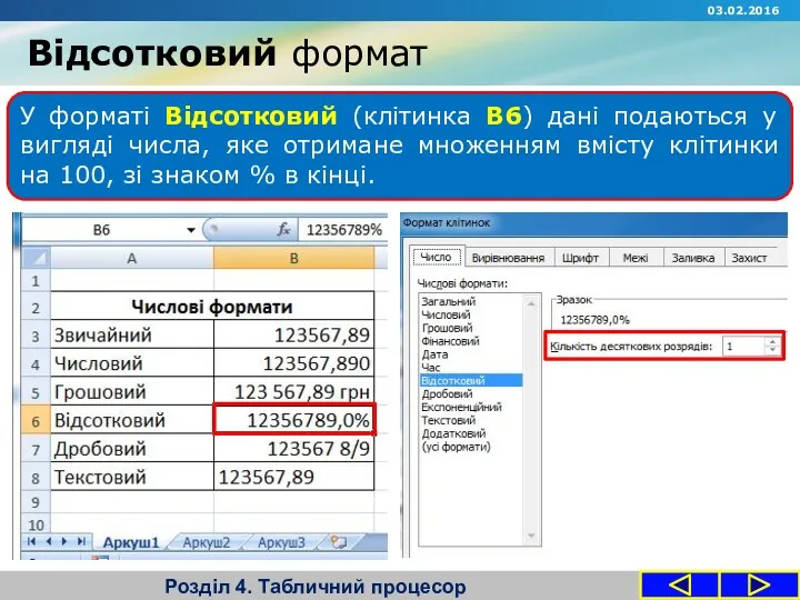 Відсотковий формат Розділ 4. Табличний процесор У форматі Відсотковий (клітинка