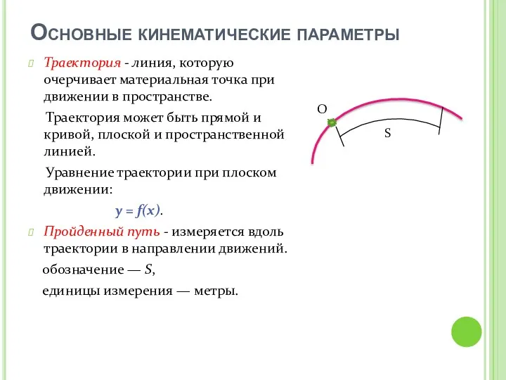 Основные кинематические параметры Траектория - линия, которую очерчивает материальная точка