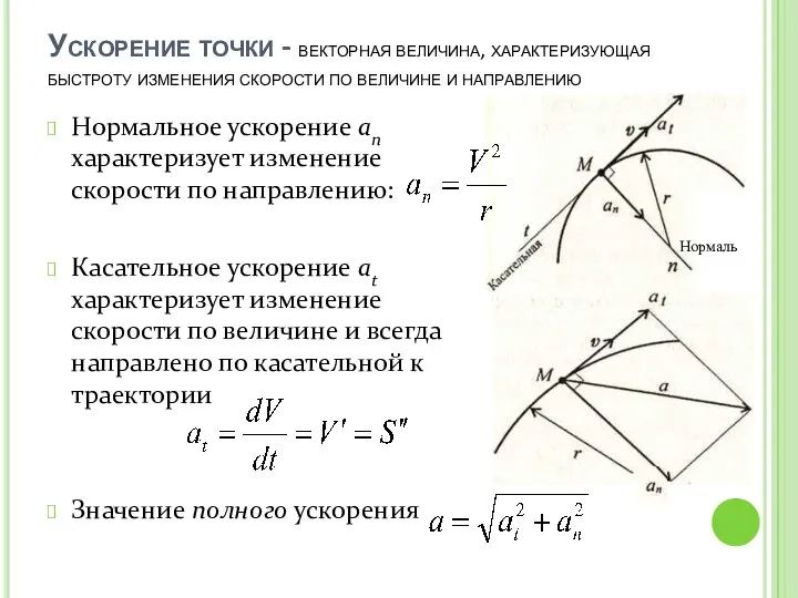 Ускорение точки - векторная величина, характеризующая быстроту изменения скорости по