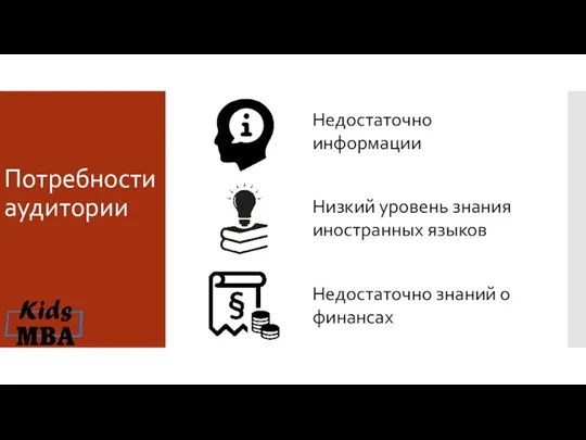 Потребности аудитории Недостаточно информации Низкий уровень знания иностранных языков Недостаточно знаний о финансах