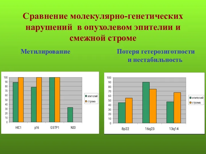 Сравнение молекулярно-генетических нарушений в опухолевом эпителии и смежной строме Метилирование Потеря гетерозиготности и нестабильность