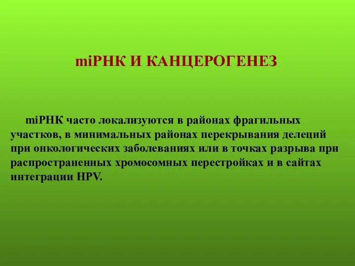 miРНК И КАНЦЕРОГЕНЕЗ miРНК часто локализуются в районах фрагильных участков,