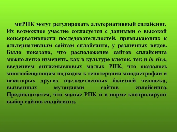 миРНК могут регулировать альтернативный сплайсинг. Их возможное участие согласуется с