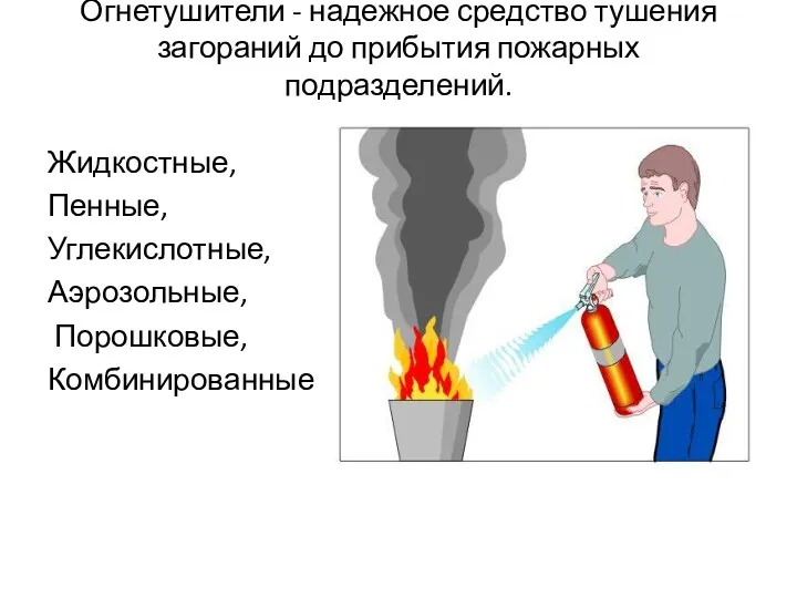 Огнетушители - надежное средство тушения загораний до прибытия пожарных подразделений. Жидкостные, Пенные, Углекислотные, Аэрозольные, Порошковые, Комбинированные