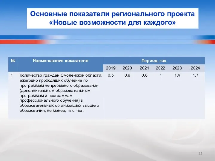 Основные показатели регионального проекта «Новые возможности для каждого»