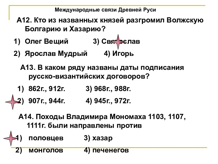 Международные связи Древней Руси А12. Кто из названных князей разгромил