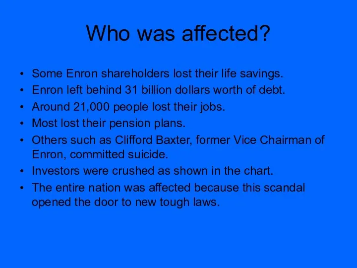 Who was affected? Some Enron shareholders lost their life savings.