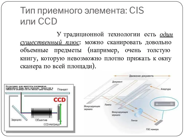 Тип приемного элемента: CIS или CCD У традиционной технологии есть один существенный плюс: