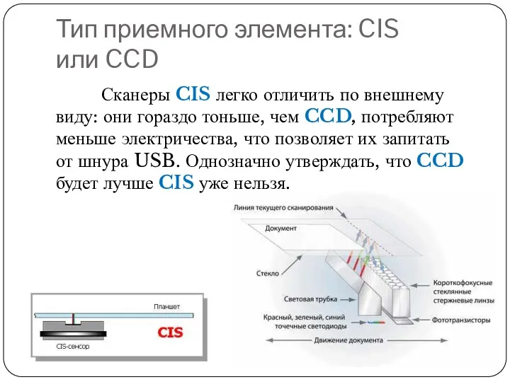 Тип приемного элемента: CIS или CCD Сканеры CIS легко отличить по внешнему виду: