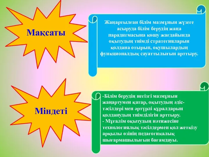 Мақсаты Жаңартылған білім мазмұнын жүзеге асыруда білім берудің жаңа парадигмасына