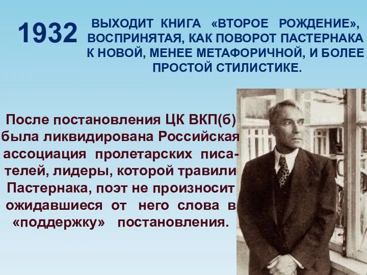 1932 ВЫХОДИТ КНИГА «ВТОРОЕ РОЖДЕНИЕ», ВОСПРИНЯТАЯ, КАК ПОВОРОТ ПАСТЕРНАКА К