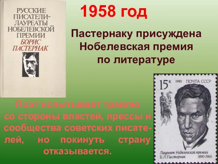 1958 год Пастернаку присуждена Нобелевская премия по литературе Поэт испытывает
