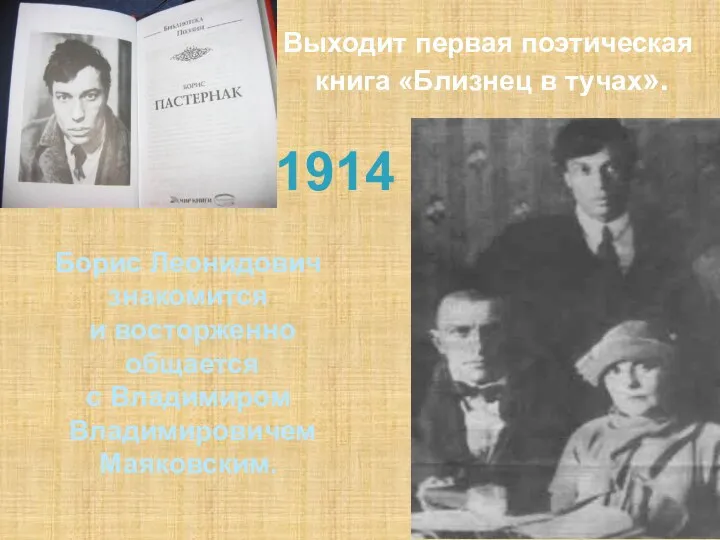 1914 Выходит первая поэтическая книга «Близнец в тучах». Борис Леонидович