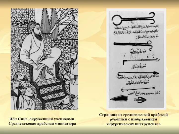 Ибн Сина, окруженный учениками. Средневековая арабская миниатюра Страница из средневековой арабской рукописи с изображением хирургических инструментов
