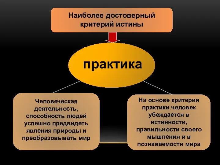 Наиболее достоверный критерий истины практика Человеческая деятельность, способность людей успешно