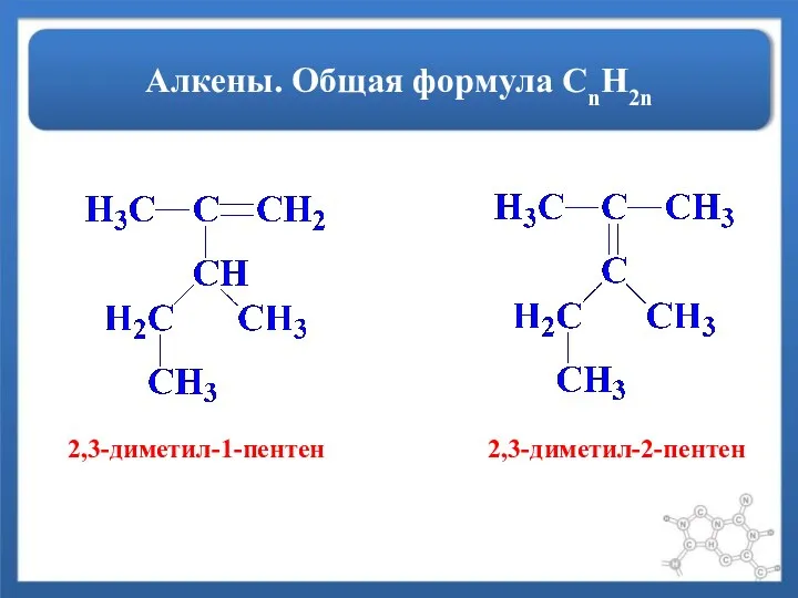 Алкены. Общая формула СnH2n 2,3-диметил-1-пентен 2,3-диметил-2-пентен