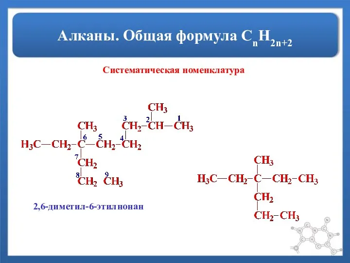 Алканы. Общая формула СnH2n+2 Систематическая номенклатура 2,6-диметил-6-этилнонан