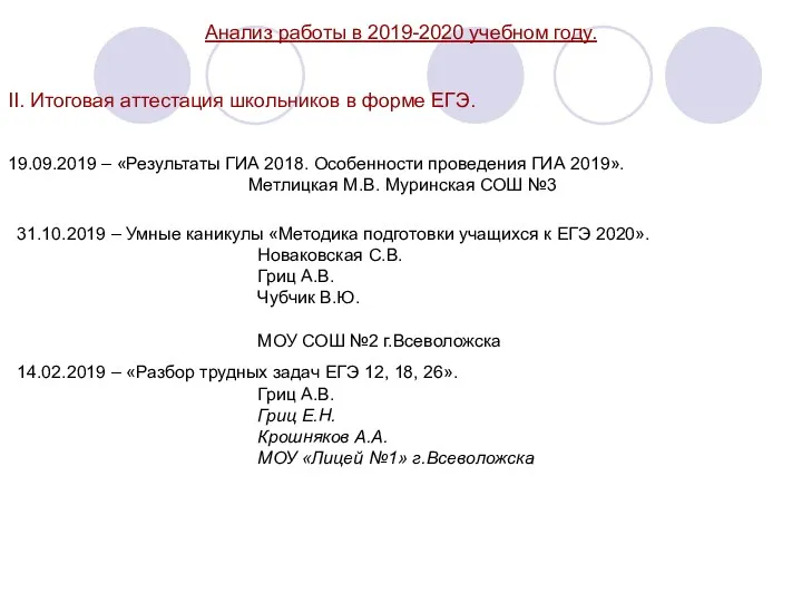 Анализ работы в 2019-2020 учебном году. II. Итоговая аттестация школьников