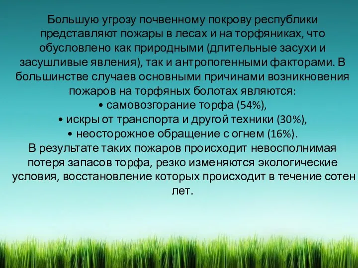 Большую угрозу почвенному покрову республики представляют пожары в лесах и