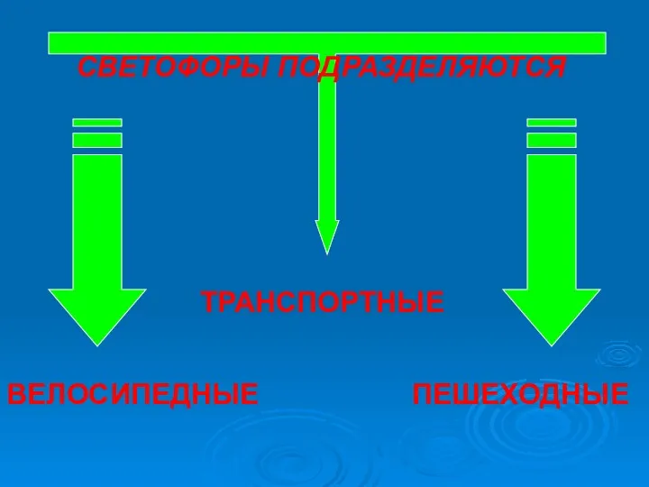 СВЕТОФОРЫ ПОДРАЗДЕЛЯЮТСЯ ТРАНСПОРТНЫЕ ВЕЛОСИПЕДНЫЕ ПЕШЕХОДНЫЕ