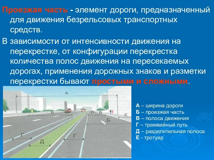 Проезжая часть - элемент дороги, предназначенный для движения безрельсовых транспортных